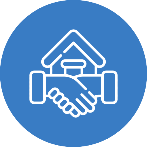 Handshake and house icon on blue background.