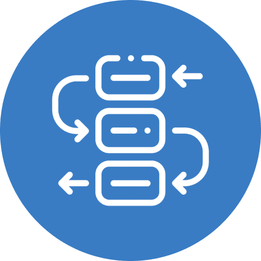 Flowchart symbols inside a blue circle.
